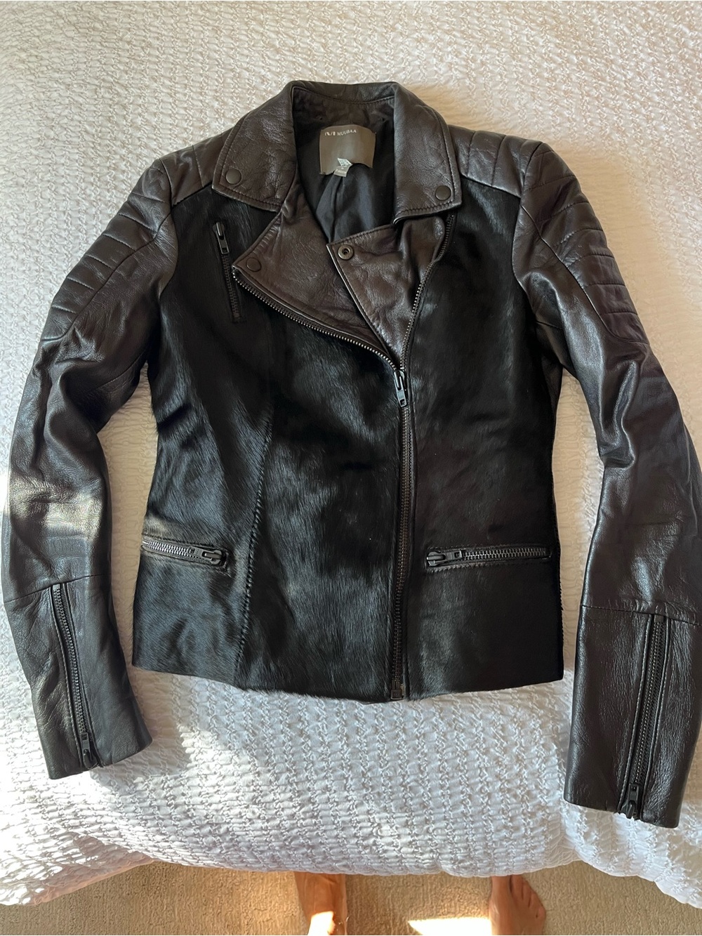 Muubaa Black Leather Moto Jacket with Haircalf Front